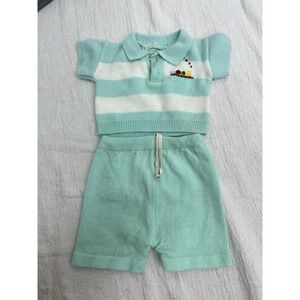 Vtg 70s Boys Baby 2 Pc Outfit Pooh Soft Newborn-3 Months Blue Doll Drawstring